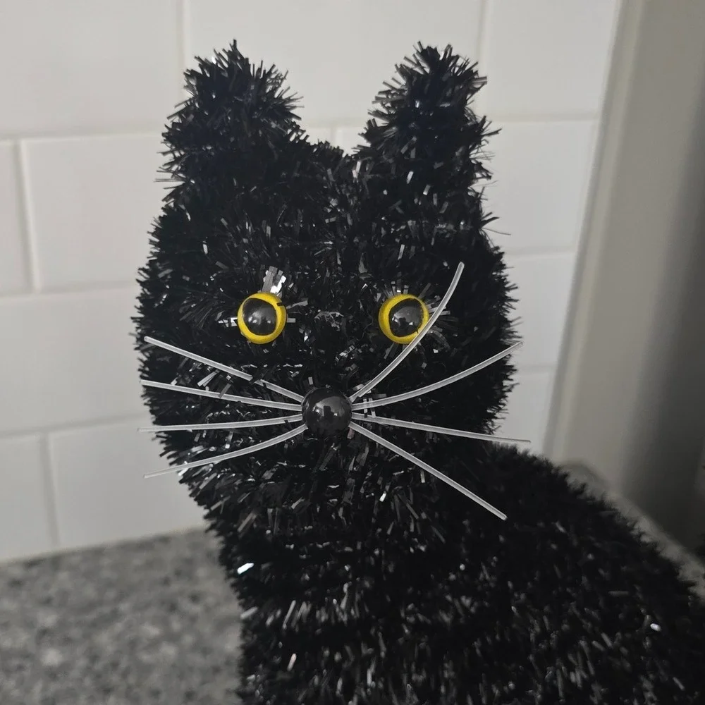Halloween Tinsel Cat Pair Black Arched Back Spooky Sparkle Decor Witchy Party